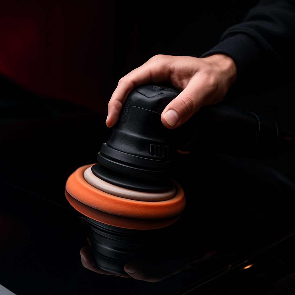 Detailer polishing the paint of a black car